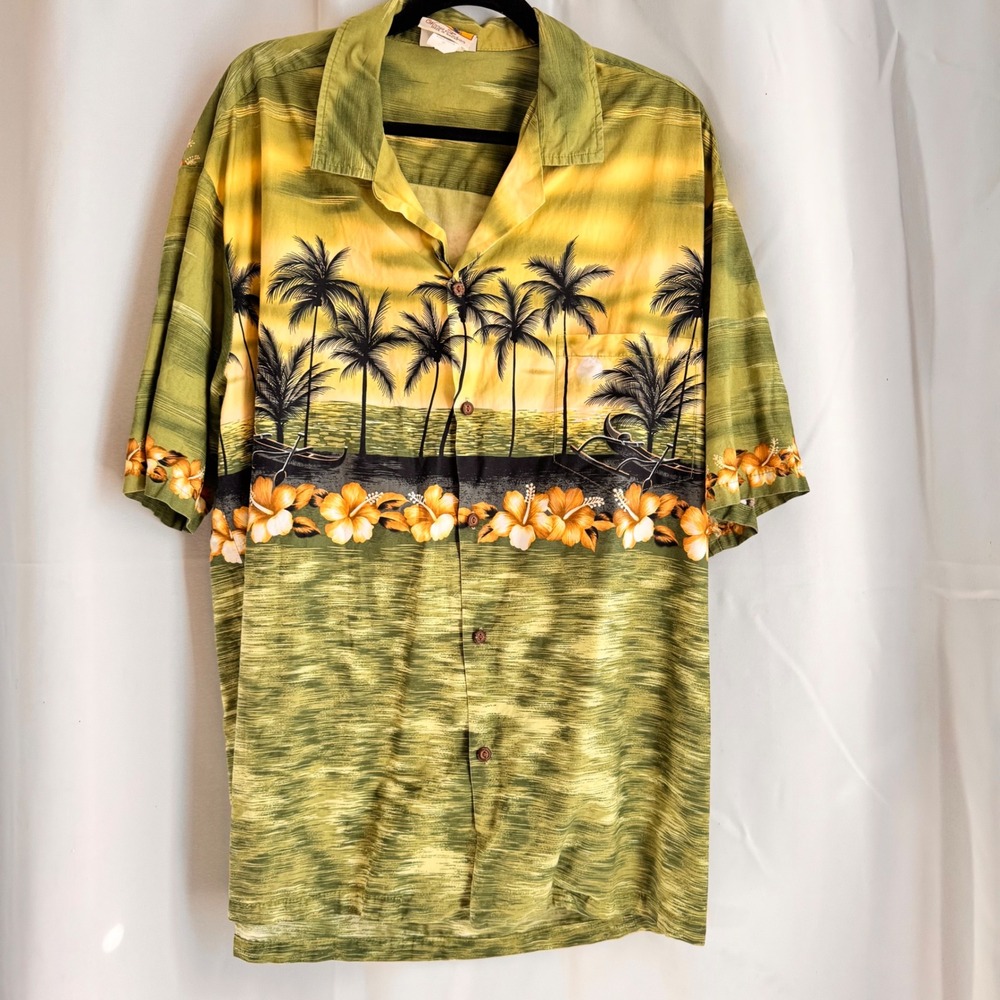 VTG Winnie Fashion Green Floral Hawaiian Shirt 100% Rayon Menswear 2XL Vacation